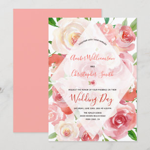 Watercolor Floral Coral Geometric Diamond Wedding Invitation