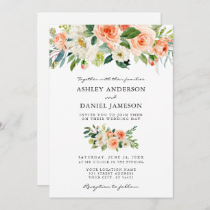 Watercolor Floral Coral Greenery Photo Wedding Invitation