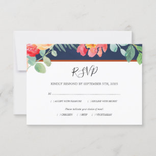 Watercolor Floral Coral Navy Foliage Wedding Meal RSVP Card