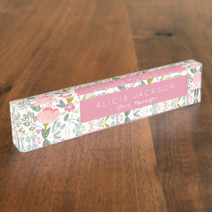 Watercolor Floral Coral Pink Boutique Manager Nameplate