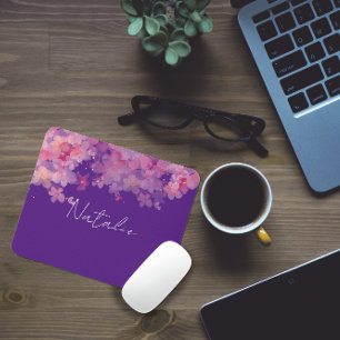 Watercolor floral coral purple name mouse pad