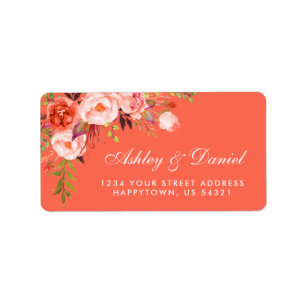 Watercolor Floral Coral Wedding Address Label