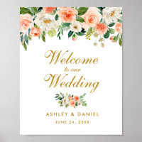 Watercolor Floral Coral Wedding Welcome Gold