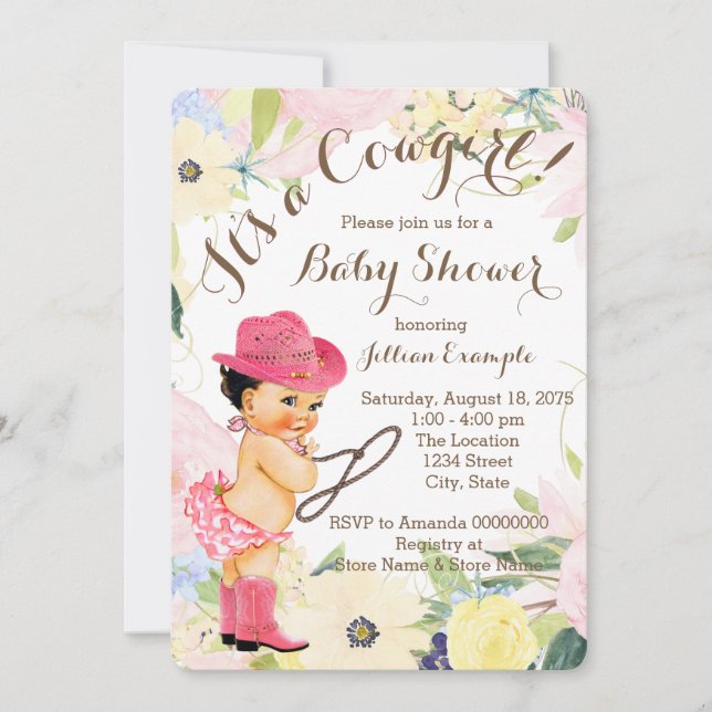 Watercolor Floral Cowgirl Baby Shower Invitation (Front)