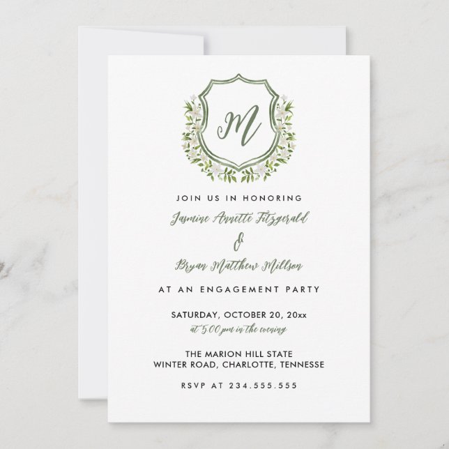 Watercolor Floral Crest Engagement Party Invitation (Front)