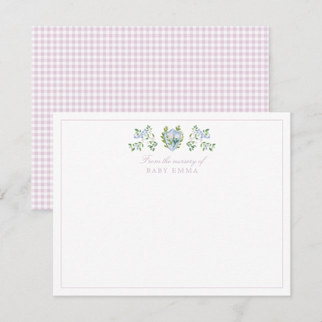 Watercolor floral crest gingham nursery note card (Front/Back)