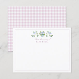 Watercolor floral crest gingham nursery note card
