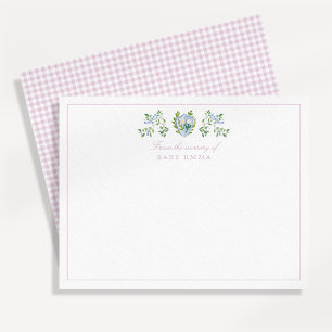 Watercolor floral crest gingham nursery note card