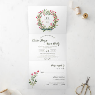 Watercolor Floral Crest/Wreath Garden Wedding Tri-Fold Invitation