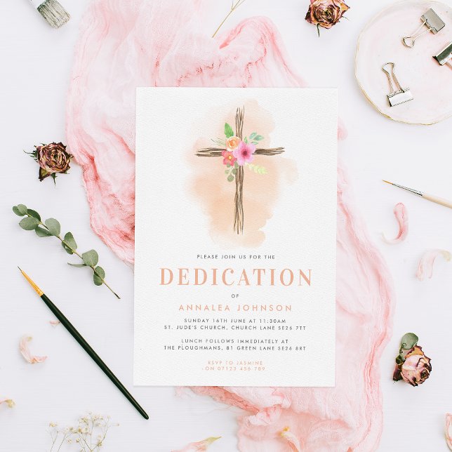 Watercolor Floral Cross Baby Dedication Invitation (Creator Uploaded)