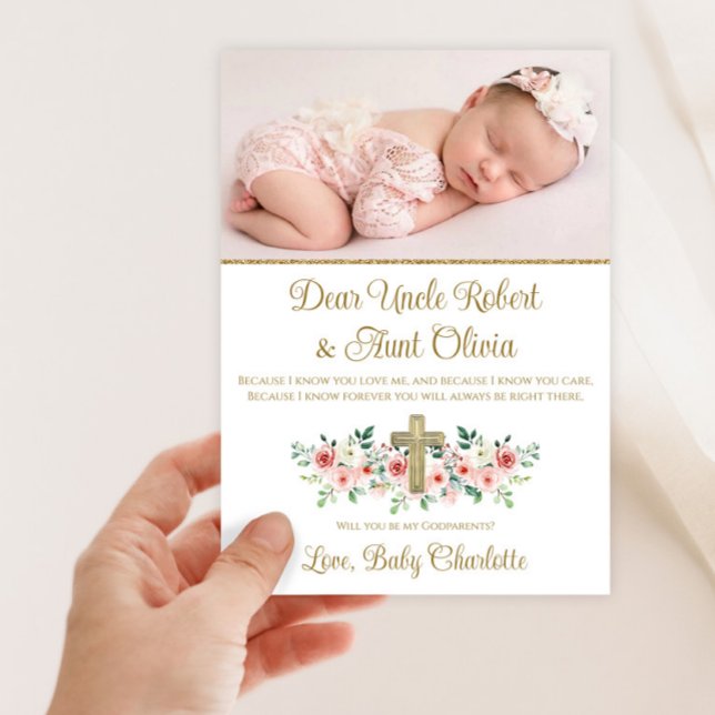 Watercolor Floral Cross Baby Girl Godparent  Invitation (Sweet pink and gold photo baby girl Godparent invitation. Simply add your photo and details.)