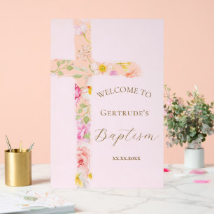watercolor floral cross Baptism welcome Acrylic Sign