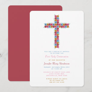 Watercolor Floral Cross Communion or Confirmation Invitation