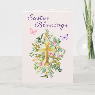 Watercolor Floral Cross Easter Blessings Scripture Holiday Card