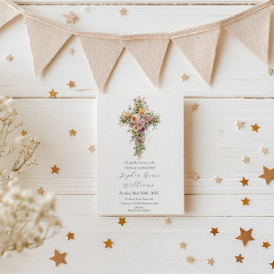 Watercolor Floral Cross Elegant Baptism Invitation
