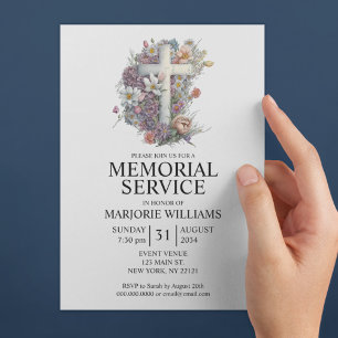 Watercolor Floral Cross Elegant Memorial Service Invitation