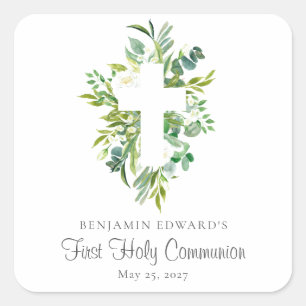 Watercolor Floral Cross Greenery First Communion  Square Sticker