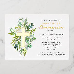 Watercolor Floral Cross Holy Communion Gold 