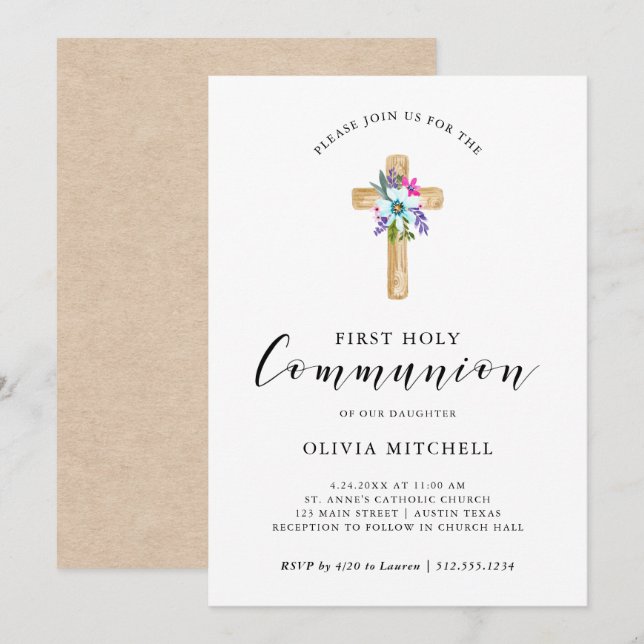 Watercolor Floral Cross Kraft Look First Communion Invitation (Front/Back)