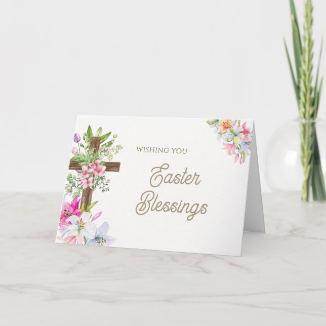 Watercolor Floral Cross Religious Easter Blessings Holiday Card (Front)