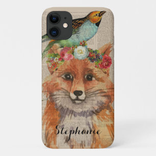 Watercolor Floral Crown Fox Custom Name iPhone 11 Case