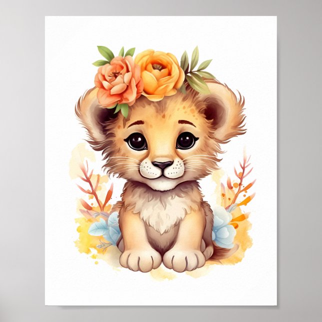 Watercolor Floral Crown Lion Cub Nursery Kids  Poster (Front)