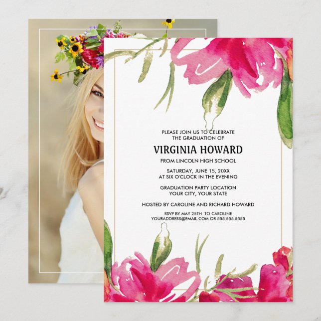 Watercolor Floral Custom Photo Graduation Party   Invitation (Front/Back)