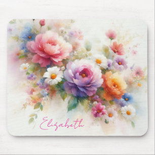 Watercolor Floral Custom Script Name Template Mouse Mat