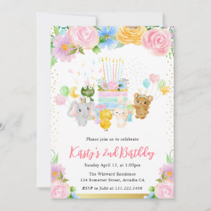 Watercolor Floral Cute Animal Friends Birthday Invitation