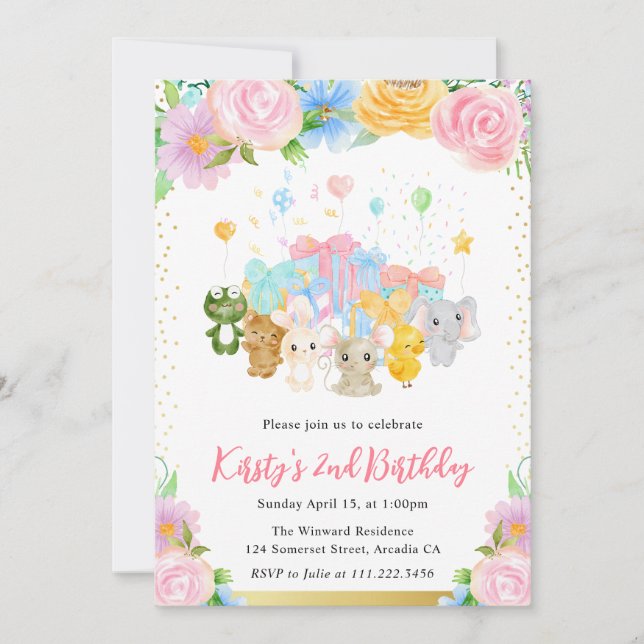 Watercolor Floral Cute Animal Friends Birthday Invitation (Front)