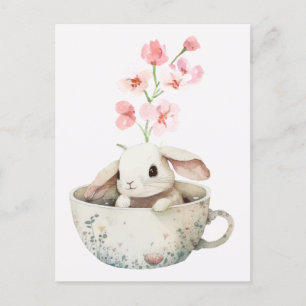 Watercolor floral cute bunny tea cup postcard