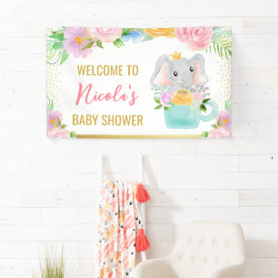 Watercolor Floral Cute Elephant Baby Shower Banner