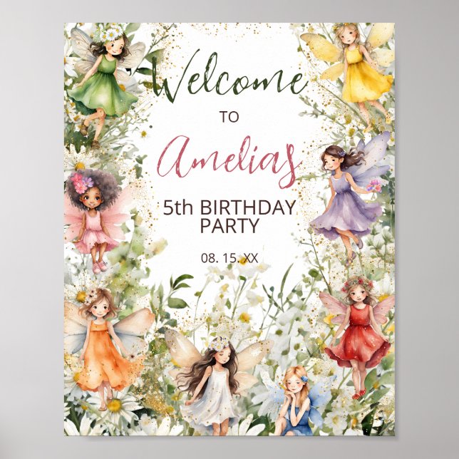 Watercolor Floral Cute Fairies Party Welcome Sign (Front)