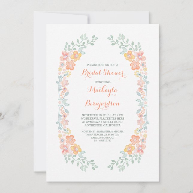 watercolor floral cute wreath bridal shower invitation (Front)