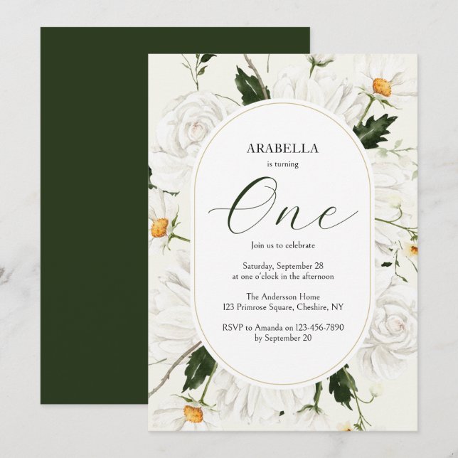 Watercolor Floral Daisies 1st Birthday Party  Invitation (Front/Back)