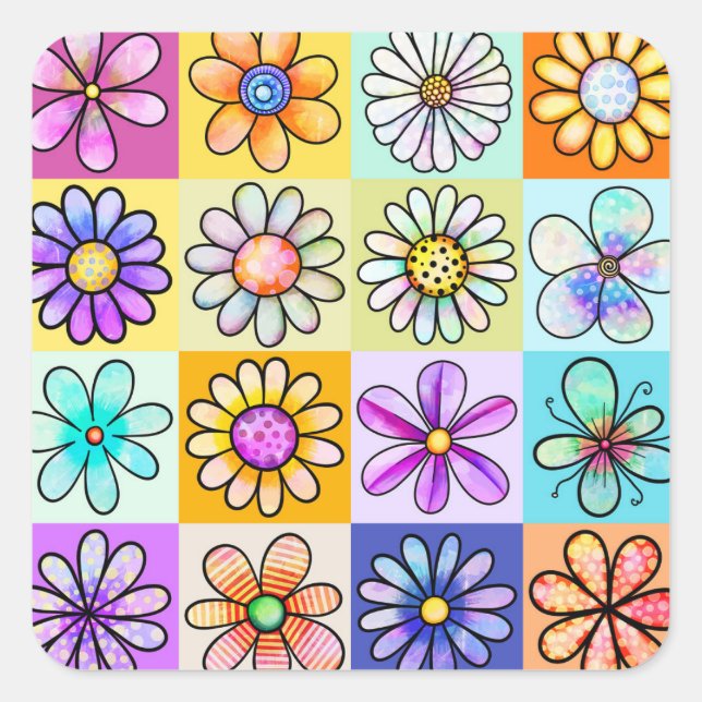 Watercolor Floral Daisy Doodle Tile Background Square Sticker (Front)