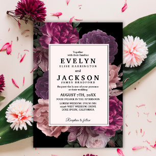 Watercolor floral dark moody black Wedding  Invitation
