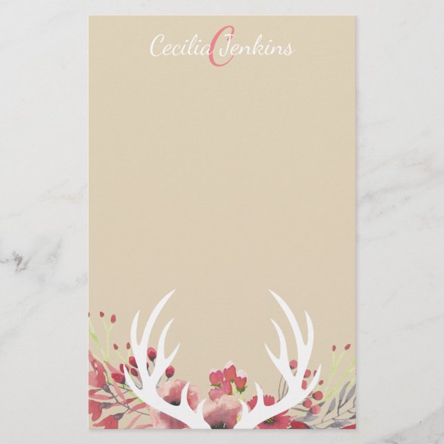 Watercolor Floral Deer Antlers & Name Stationery (Front)
