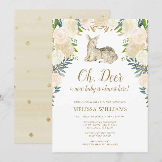 Watercolor Floral Deer Baby Shower Invitations (Front/Back)