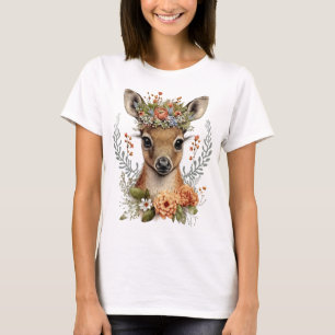 Watercolor Floral Deer Cute T-Shirt