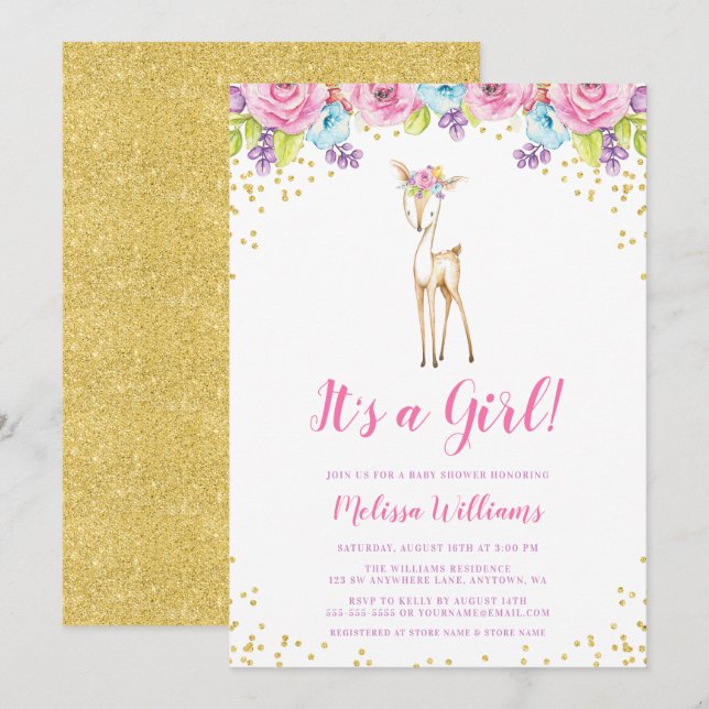 Watercolor Floral Deer Girl Baby Shower Invitation (Front/Back)