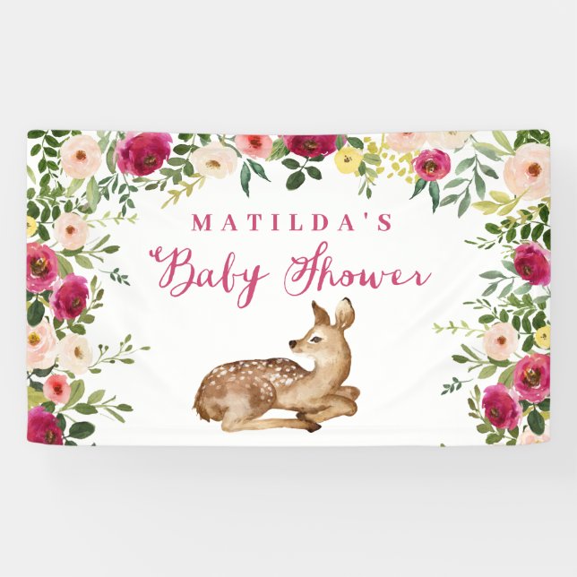 Watercolor floral deer woodland baby shower party banner (Horizontal)
