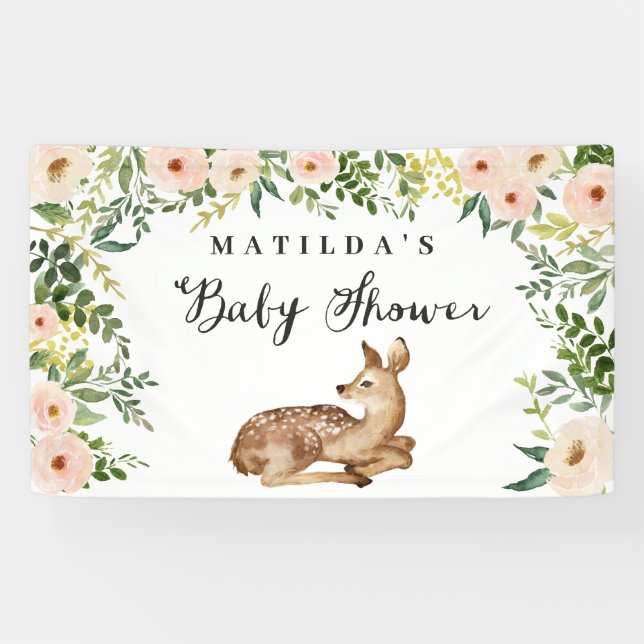 Watercolor floral deer woodland baby shower party banner (Horizontal)