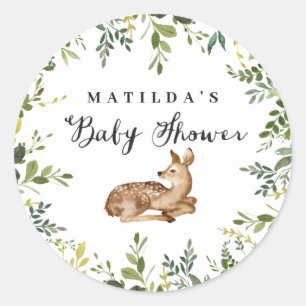 Watercolor floral deer woodland baby shower party classic round sticker