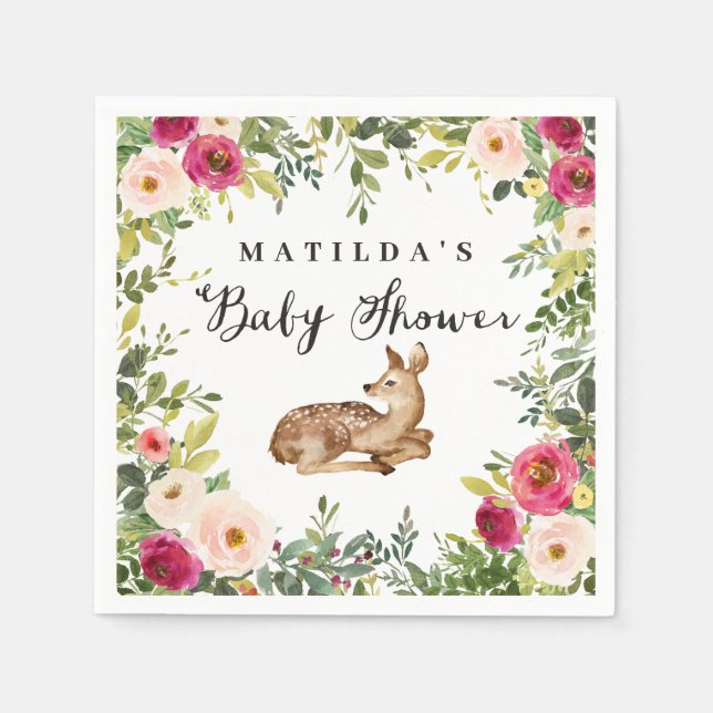 Watercolor floral deer woodland baby shower party napkin (Front)