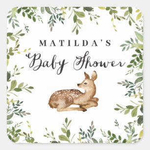 Watercolor floral deer woodland baby shower party square sticker