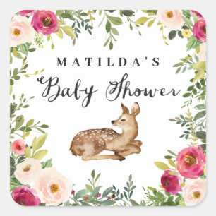 Watercolor floral deer woodland baby shower party square sticker