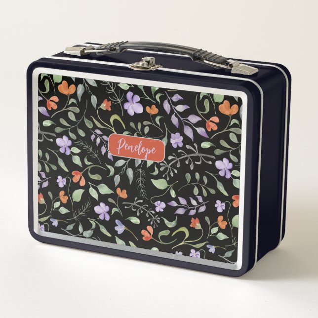 Watercolor Floral Design on Black Metal Lunchbox (Front)