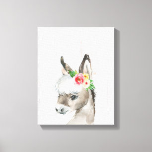 Watercolor Floral Donkey Farmhouse Style Art Canvas Print