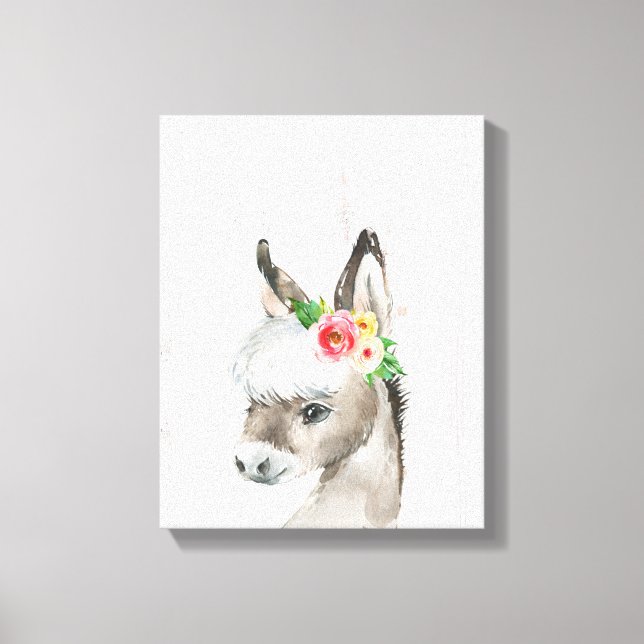 Watercolor Floral Donkey Farmhouse Style Art Canvas Print (Front)